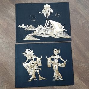 Vintage Asian Folk Art Pressed Bamboo Leaf Black Silk Set of 2 15 3/4" x 11 3/4"